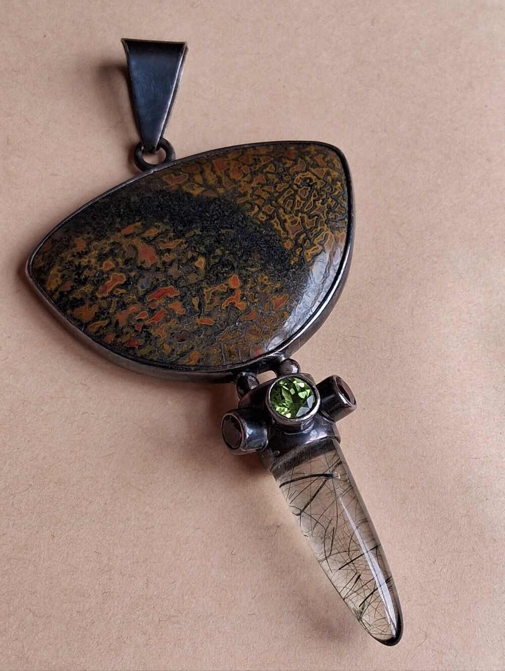 Artisan OBSIDIAN STERLING silver DINOSAUR fossil gembone garnet peridot crystal